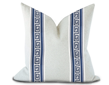 Load image into Gallery viewer, Custom Made Pillow Cover with Thibaut Avenue Tape in Bermuda and Sky / Self-Piping