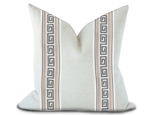Custom Made Pillow Cover with Thibaut Avenue Tape in Linen and Platinum / Self-Piping
