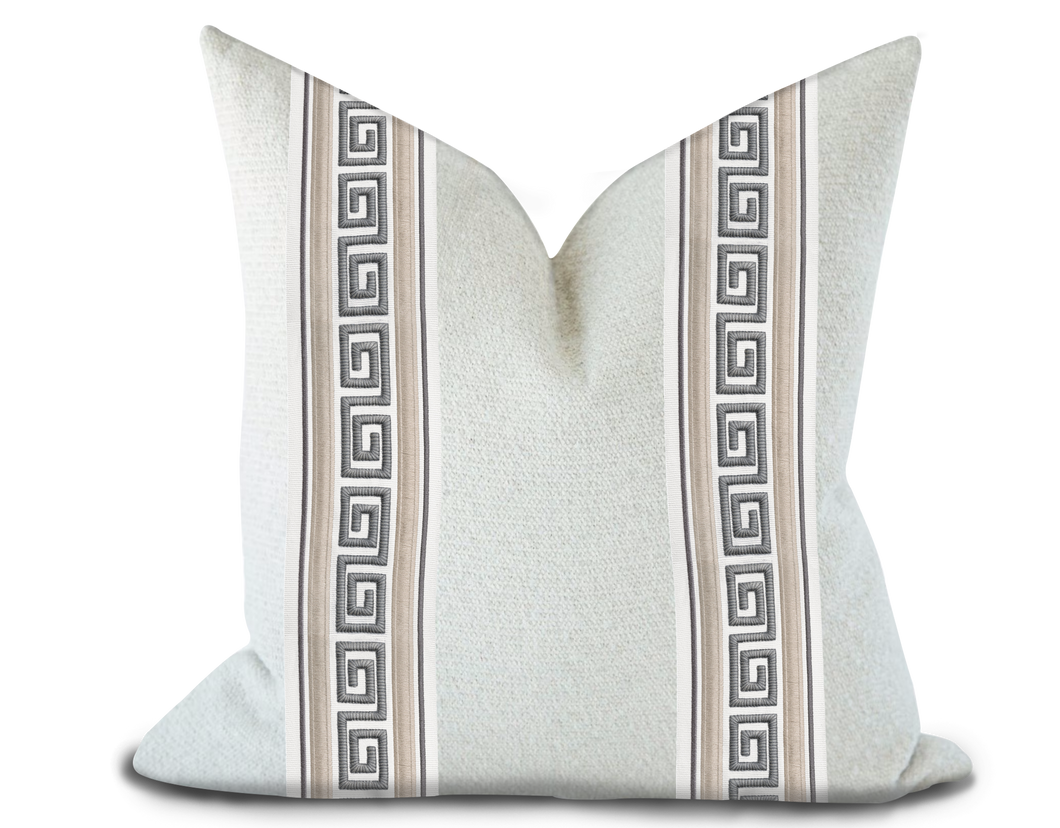 Custom Made Pillow Cover with Thibaut Avenue Tape in Linen and Platinum / Self-Piping