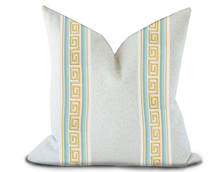 Load image into Gallery viewer, Custom Made Pillow Cover with Thibaut Avenue Tape in Mist and Sunshine / Self-Piping