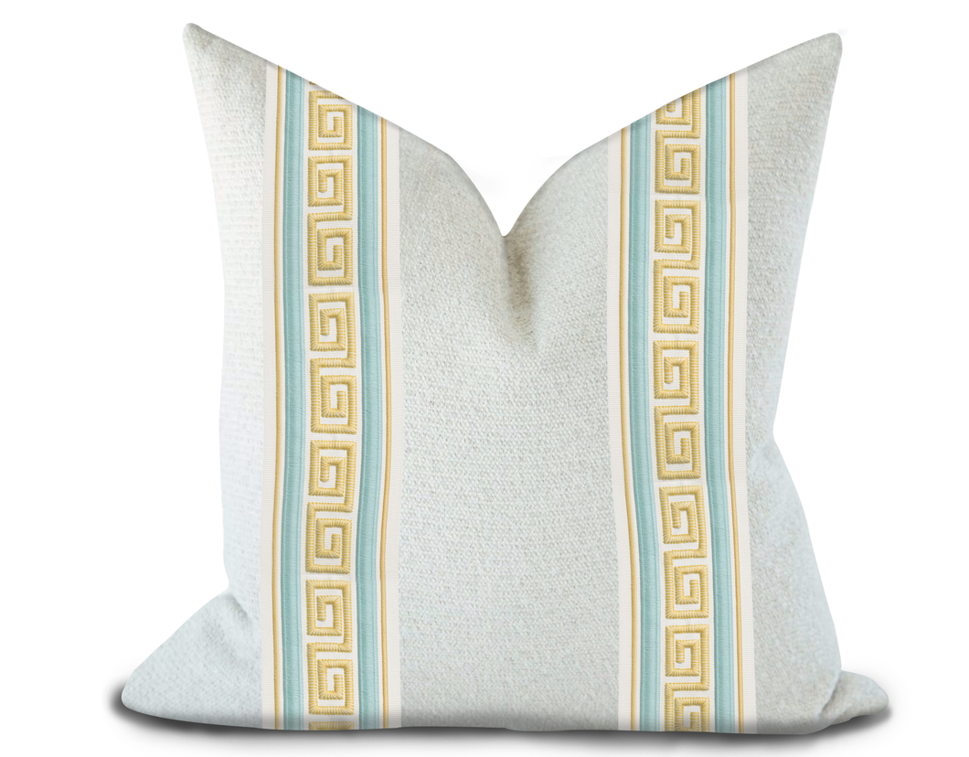 Custom Made Pillow Cover with Thibaut Avenue Tape in Mist and Sunshine / Self-Piping