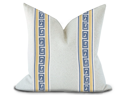 Custom Made Pillow Cover with Thibaut Avenue Tape in Sunshine and Sky / Self-Piping