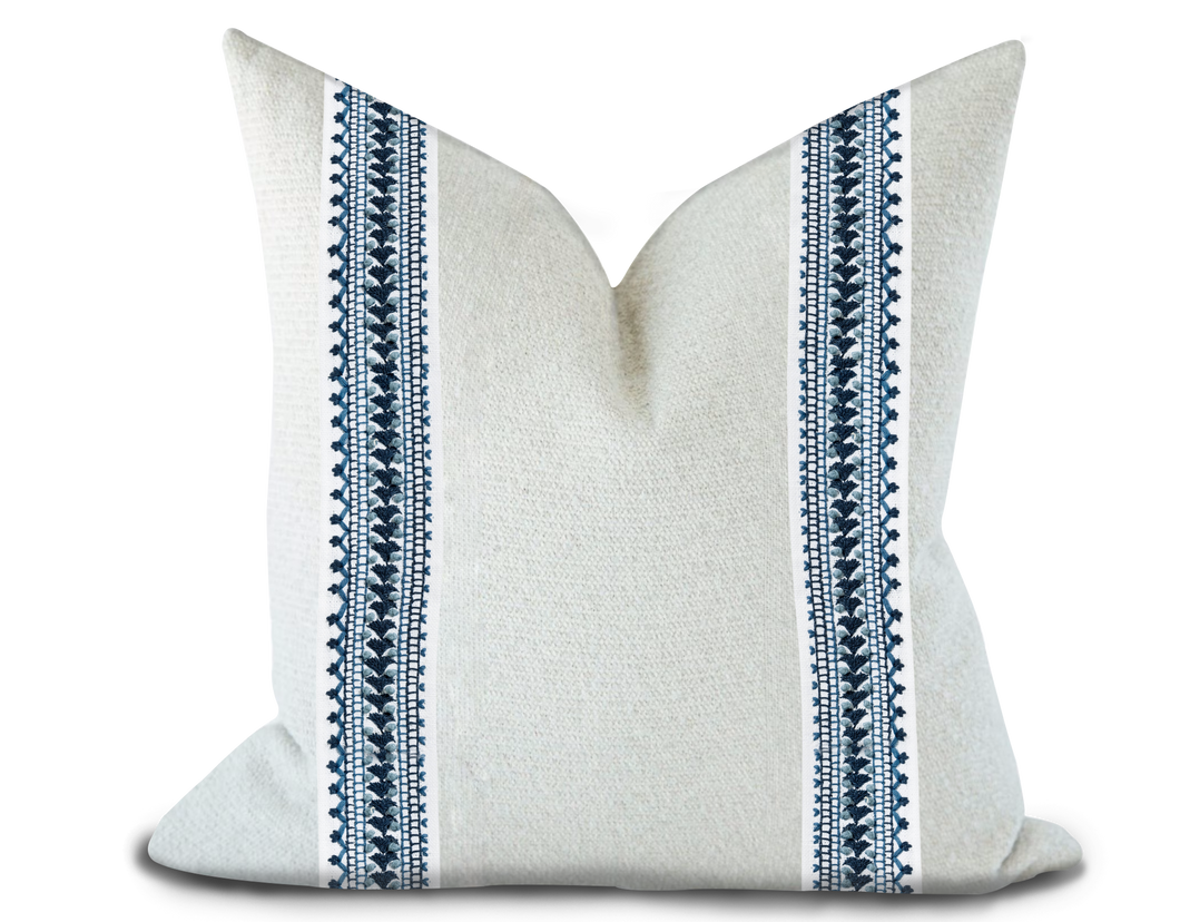 Custom Made Pillow Cover with Thibaut Norway Tape in Navy / Self-Piping