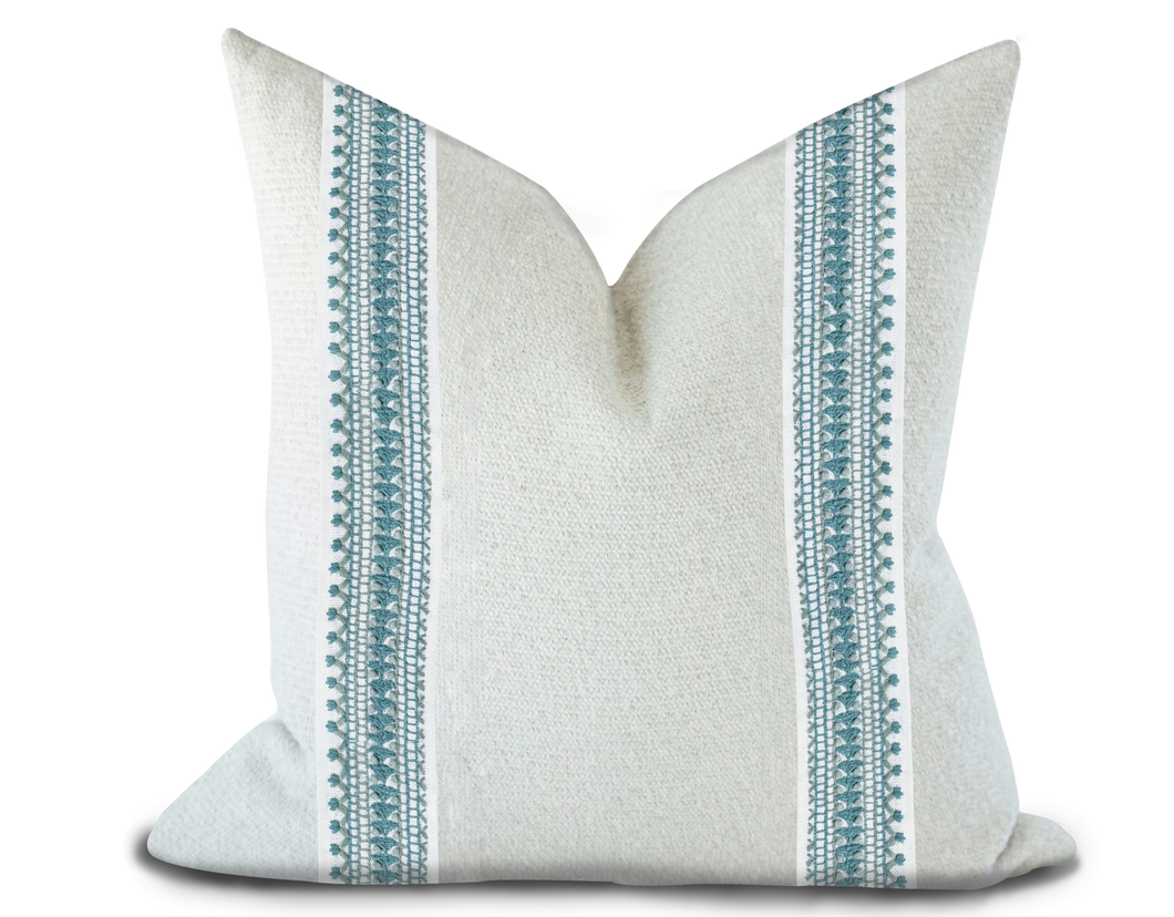 Custom Made Pillow Cover with Thibaut Norway Tape in Ocean / Self-Piping