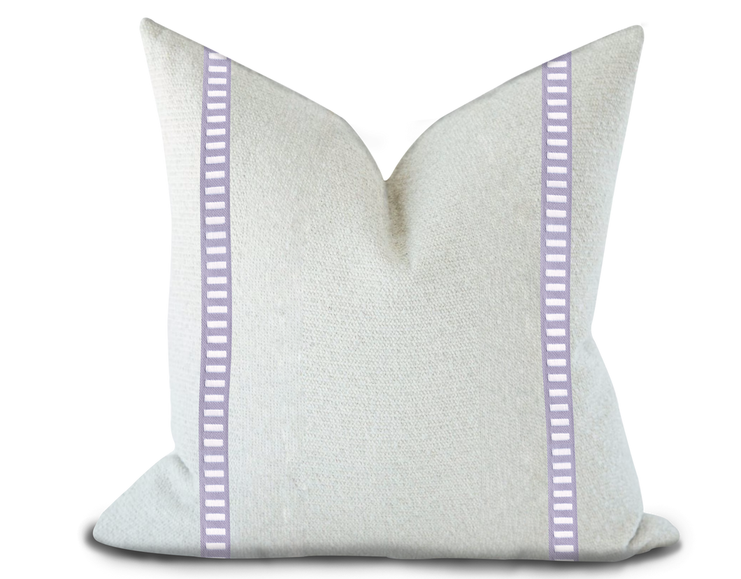 Custom Made Pillow Cover with Thibaut Dash Tape in White on Lilac / Self-Piping