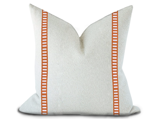 Custom Made Pillow Cover with Thibaut Dash Tape in White on Mandarin / Self-Piping