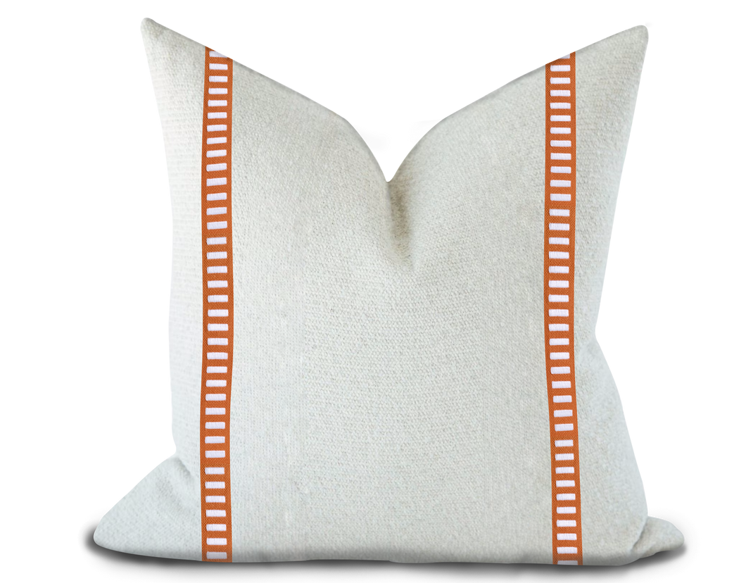Custom Made Pillow Cover with Thibaut Dash Tape in White on Mandarin / Self-Piping