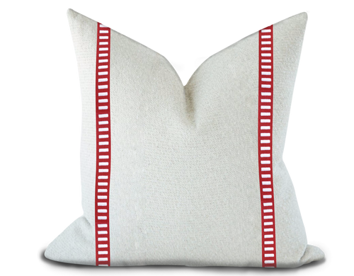 Custom Made Pillow Cover with Thibaut Dash Tape in White on Berry / Self-Piping