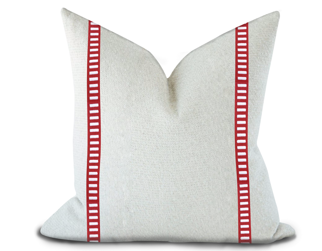 Custom Made Pillow Cover with Thibaut Dash Tape in White on Berry / Self-Piping