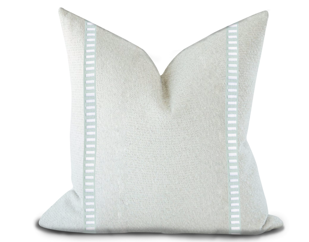 Custom Made Pillow Cover with Thibaut Dash Tape in White on Mist / Self-Piping