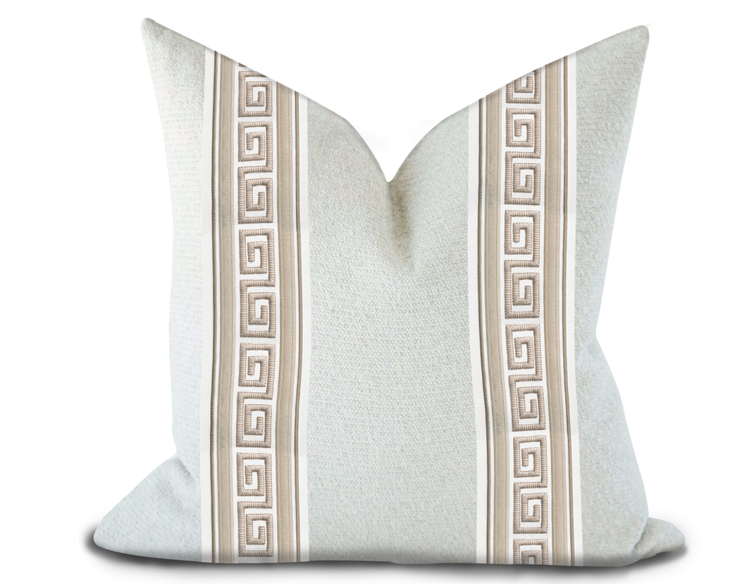 Custom Made Pillow Cover with Thibaut Avenue Tape in Linen and Stone / Self-Piping