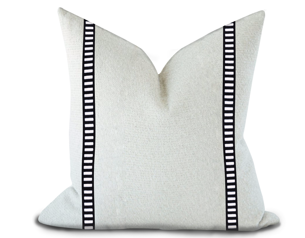 Custom Made Pillow Cover with Thibaut Dash Tape in White on Onyx / Self-Piping