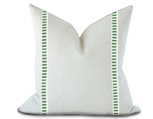Custom Made Pillow Cover with Thibaut Dash Tape in Kelly on White / Self-Piping