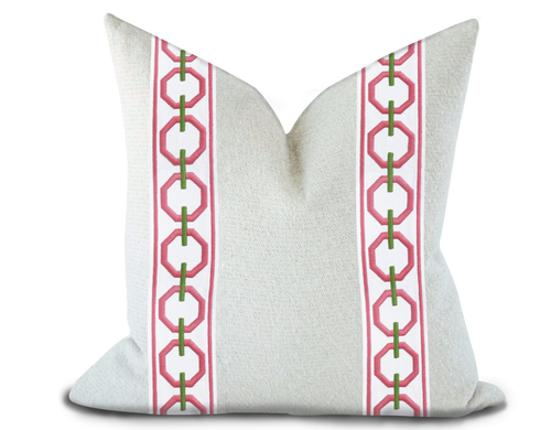 Custom Made Pillow Cover with Thibaut Katonah Tape in Peony and Grass / Self-Piping