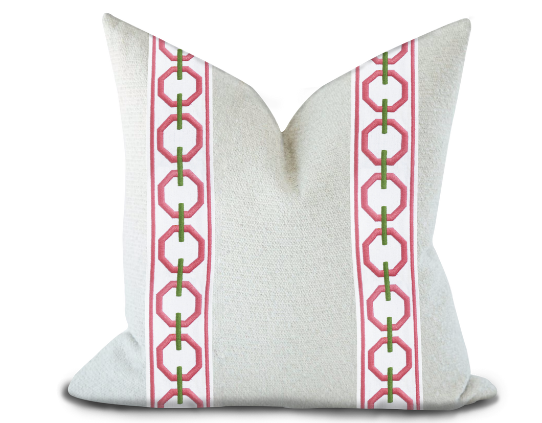 Custom Made Pillow Cover with Thibaut Katonah Tape in Peony and Grass / Self-Piping