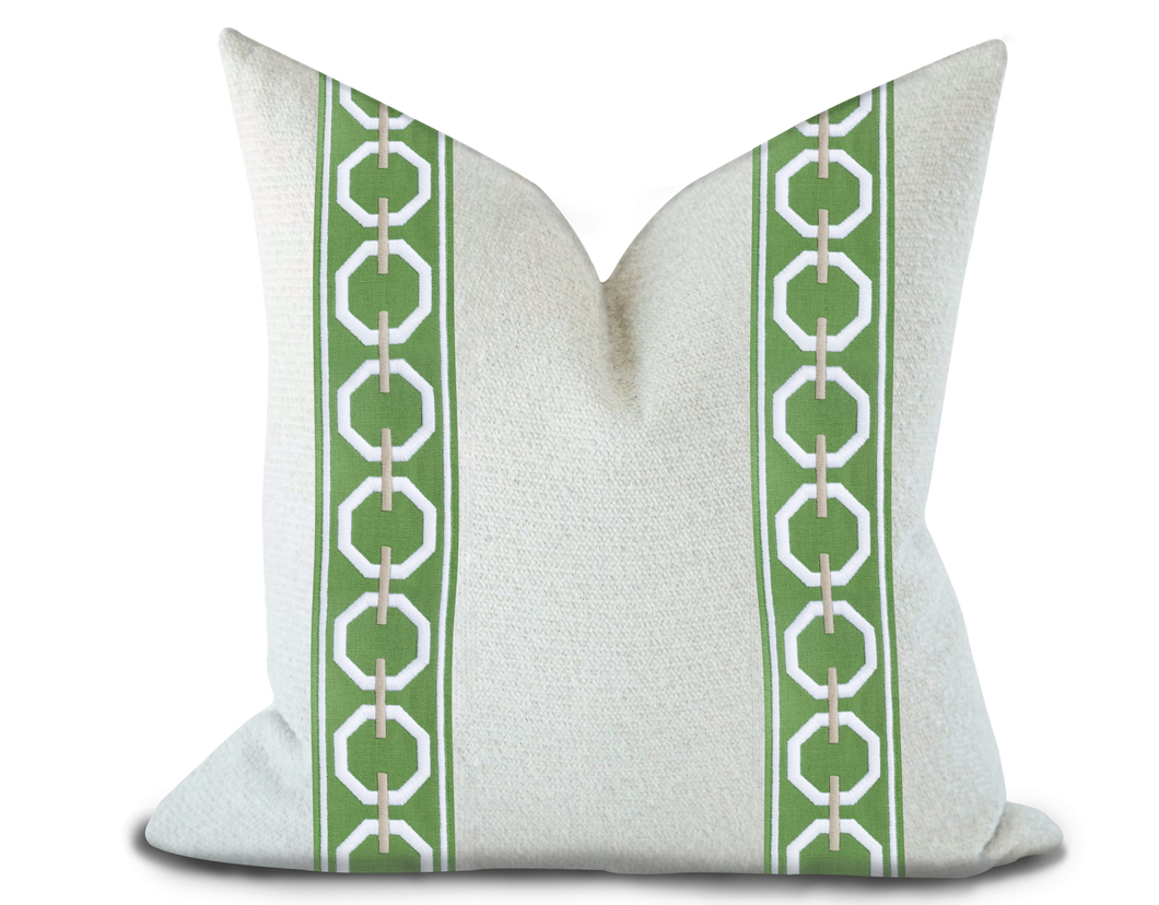 Custom Made Pillow Cover with Thibaut Katonah Tape in Spring and Linen / Self-Piping