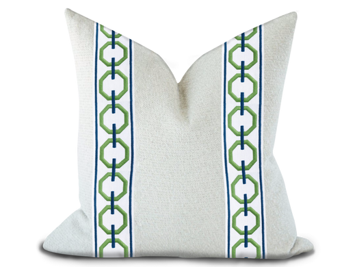Custom Made Pillow Cover with Thibaut Katonah Tape in Grass and Bermuda / Self-Piping