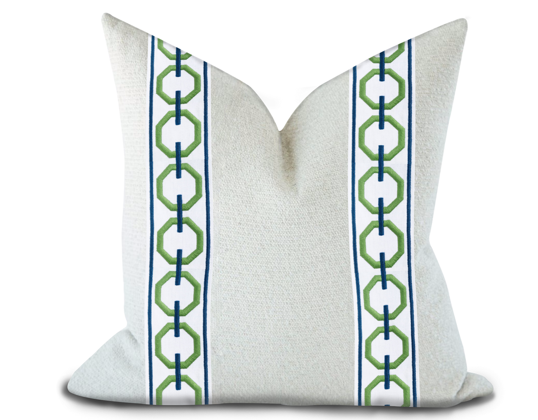 Custom Made Pillow Cover with Thibaut Katonah Tape in Grass and Bermuda / Self-Piping