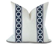 Load image into Gallery viewer, Custom Made Pillow Cover with Thibaut Katonah Tape in Navy and Sky / Self-Piping