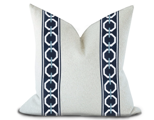 Custom Made Pillow Cover with Thibaut Katonah Tape in Navy and Sky / Self-Piping
