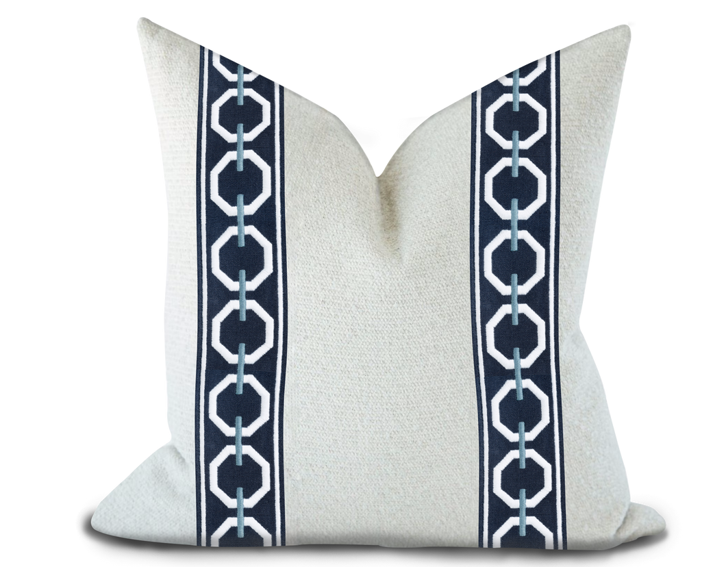Custom Made Pillow Cover with Thibaut Katonah Tape in Navy and Sky / Self-Piping