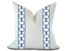 Load image into Gallery viewer, Custom Made Pillow Cover with Thibaut Katonah Tape in Sky and Bermuda / Self-Piping
