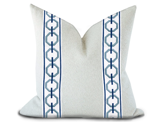 Custom Made Pillow Cover with Thibaut Katonah Tape in Sky and Bermuda / Self-Piping