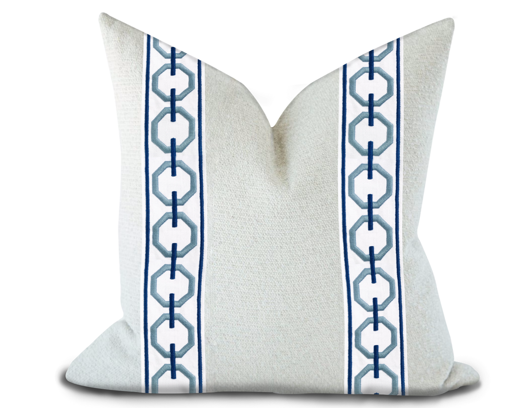 Custom Made Pillow Cover with Thibaut Katonah Tape in Sky and Bermuda / Self-Piping
