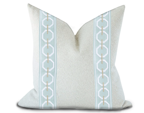 Custom Made Pillow Cover with Thibaut Katonah Tape in Mist and Linen / Self-Piping
