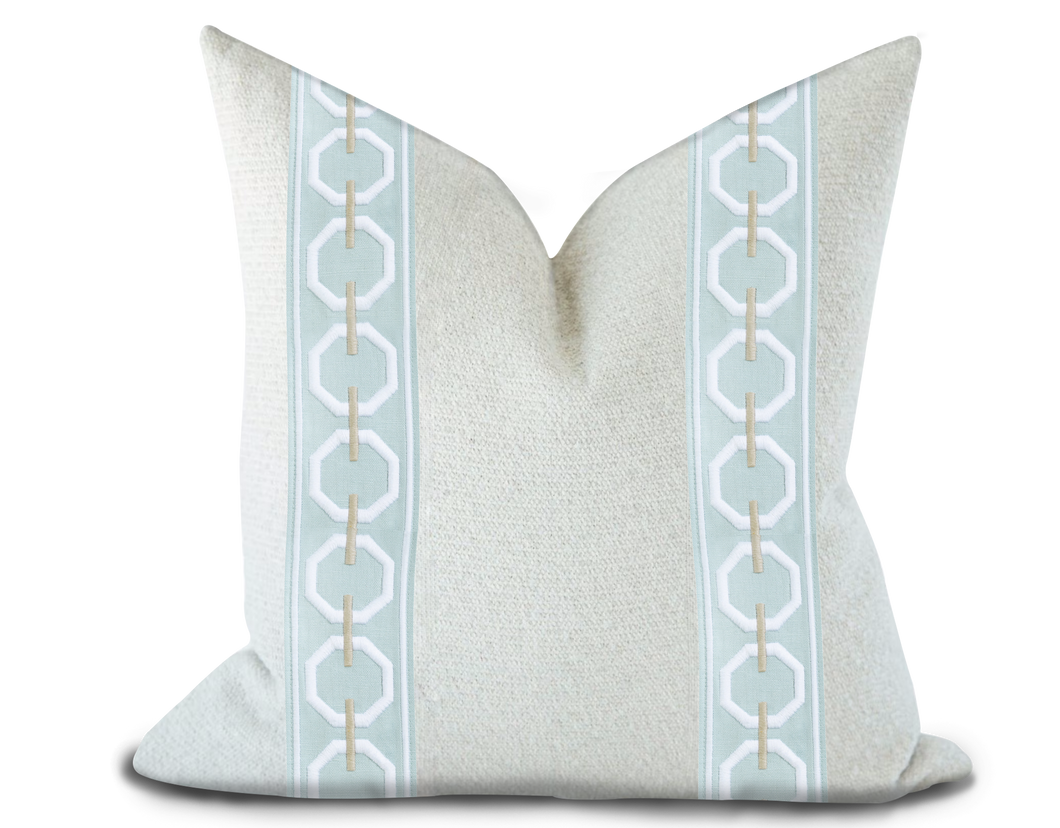 Custom Made Pillow Cover with Thibaut Katonah Tape in Mist and Linen / Self-Piping
