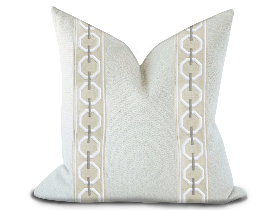 Custom Made Pillow Cover with Thibaut Katonah Tape in Linen and Nickel / Self-Piping
