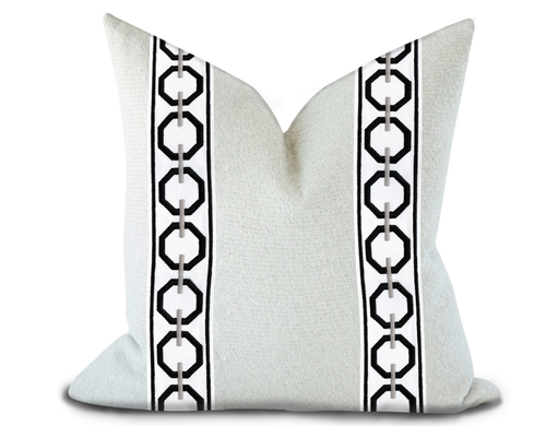 Custom Made Pillow Cover with Thibaut Katonah Tape in Onyx and Nickel / Self-Piping