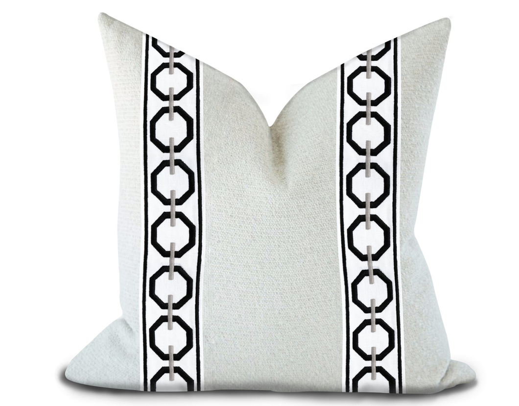 Custom Made Pillow Cover with Thibaut Katonah Tape in Onyx and Nickel / Self-Piping
