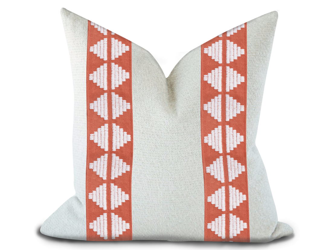 Custom Made Pillow Cover with Thibaut King’s  point Tape in Coral / Self-Piping