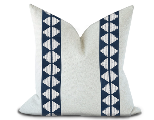 Custom Made Pillow Cover with Thibaut King’s  point Tape in Navy / Self-Piping