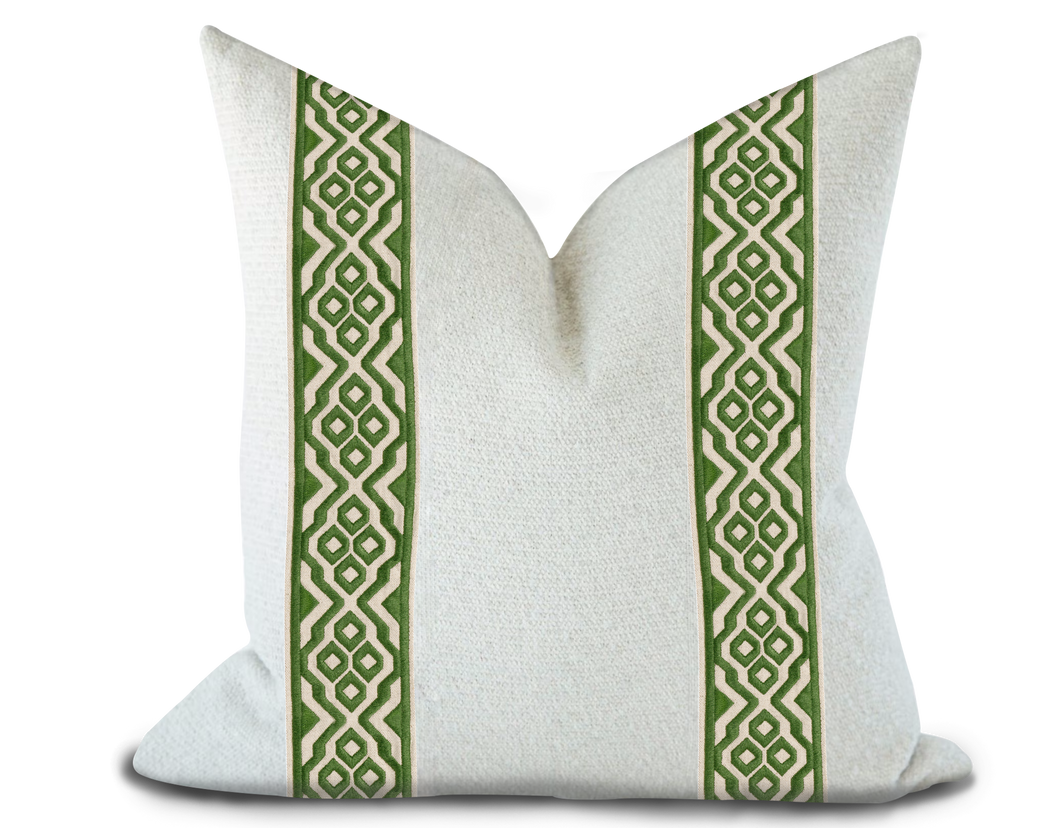 Custom Made Pillow Cover with Thibaut Belinda Tape in Fern / Self-Piping