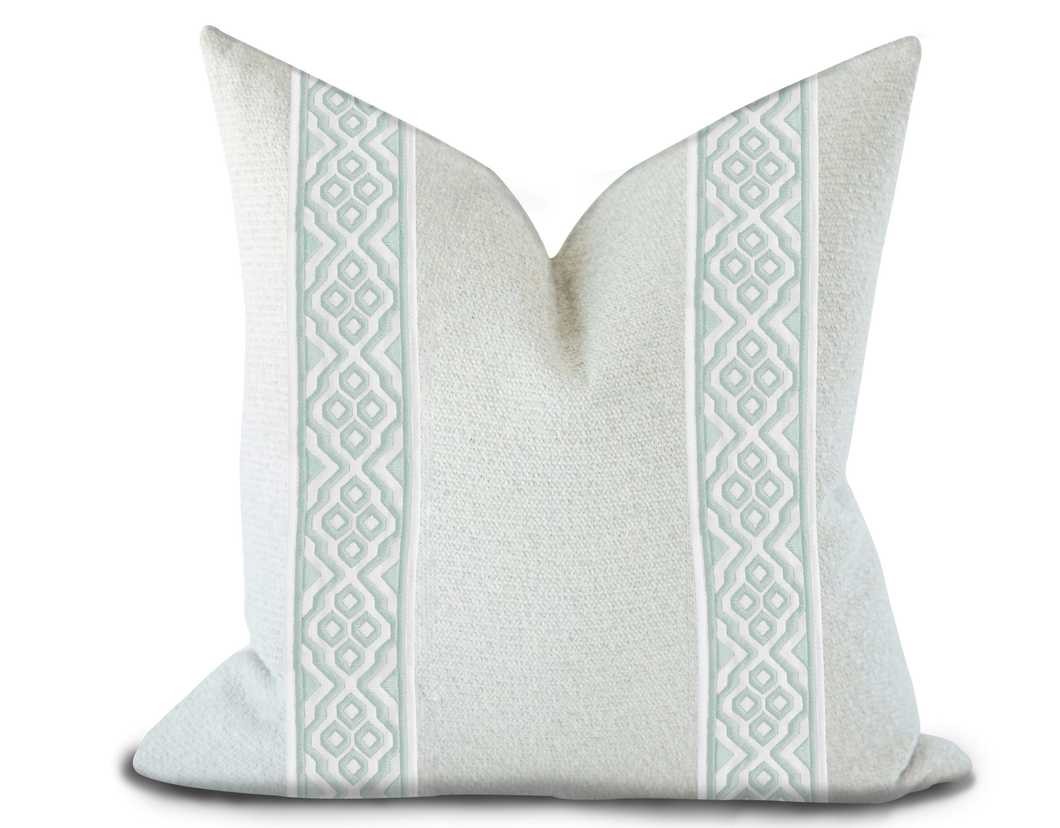 Custom Made Pillow Cover with Thibaut Belinda Tape in Mist / Self-Piping