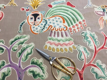 Load image into Gallery viewer, Clarence House Huberta Print Home Decor Whimsical Heavy Linen Drapery  Fabric Taupe Coral Aqua Green Tiger Chinoiserie