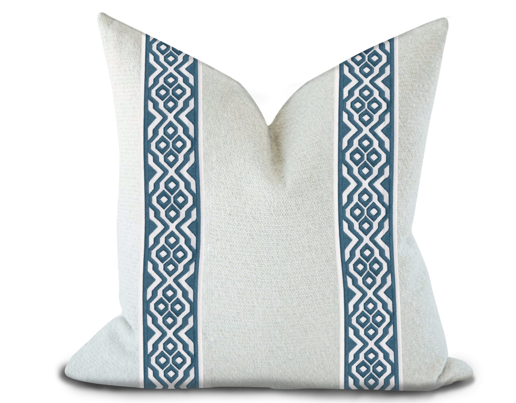 Custom Made Pillow Cover with Thibaut Belinda Tape in Denim / Self-Piping