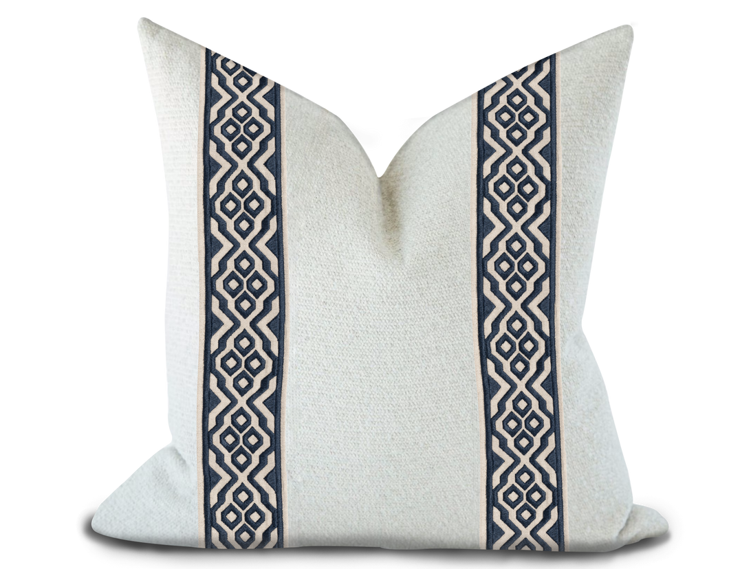Custom Made Pillow Cover with Thibaut Belinda Tape in Navy / Self-Piping