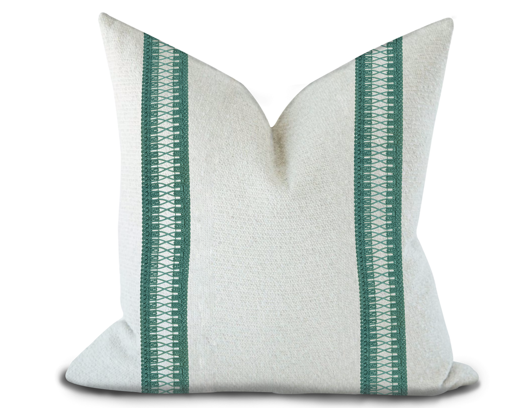 Custom Made Pillow Cover with Thibaut Cecily Tape in Peacock / Self-Piping