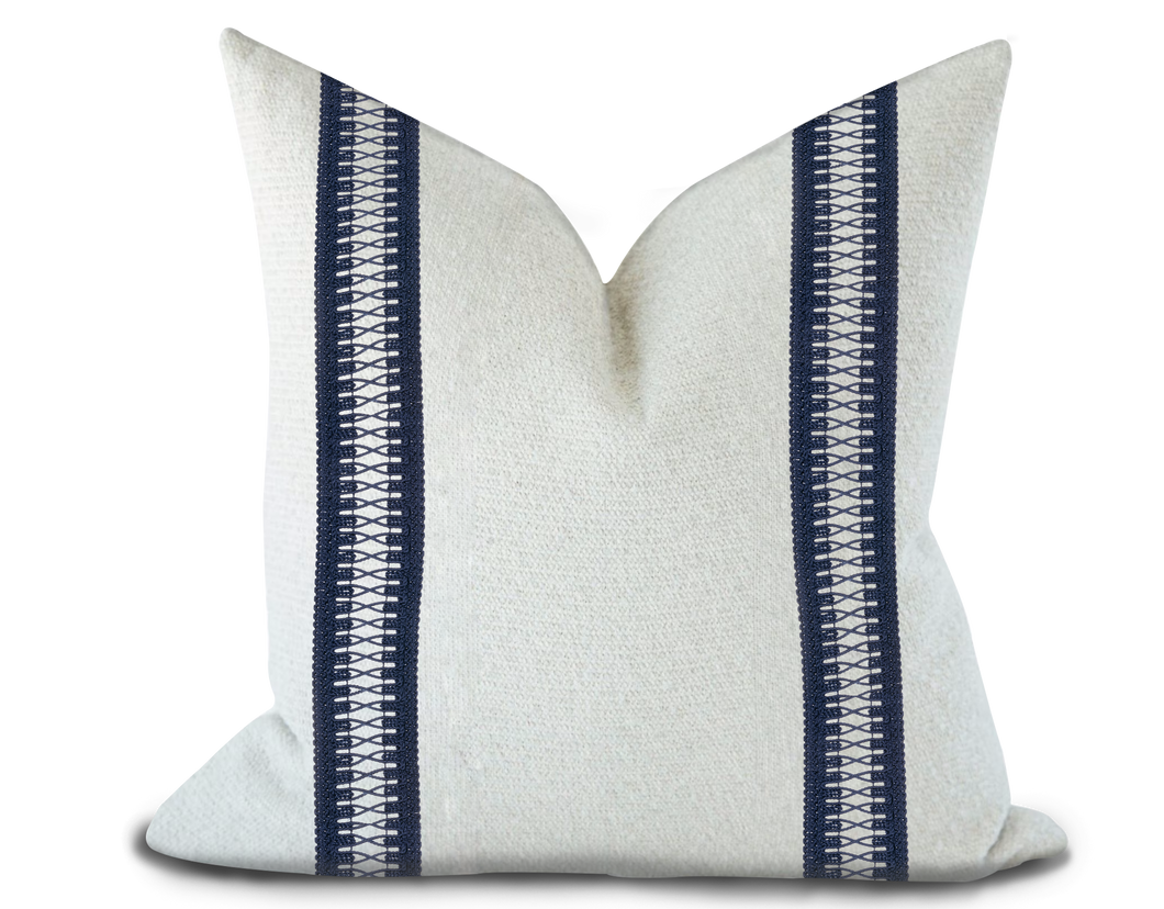 Custom Made Pillow Cover with Thibaut Cecily Tape in Navy / Self-Piping