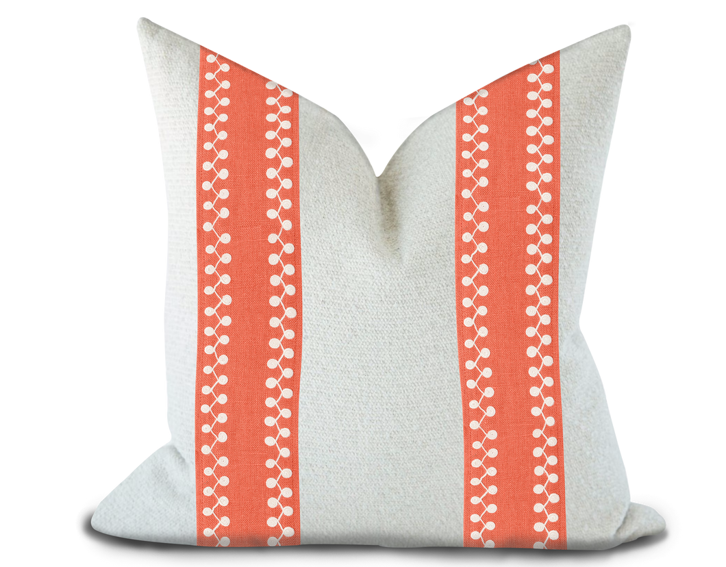 Custom Made Pillow Cover with Thibaut Perla Tape in Coral / Self-Piping