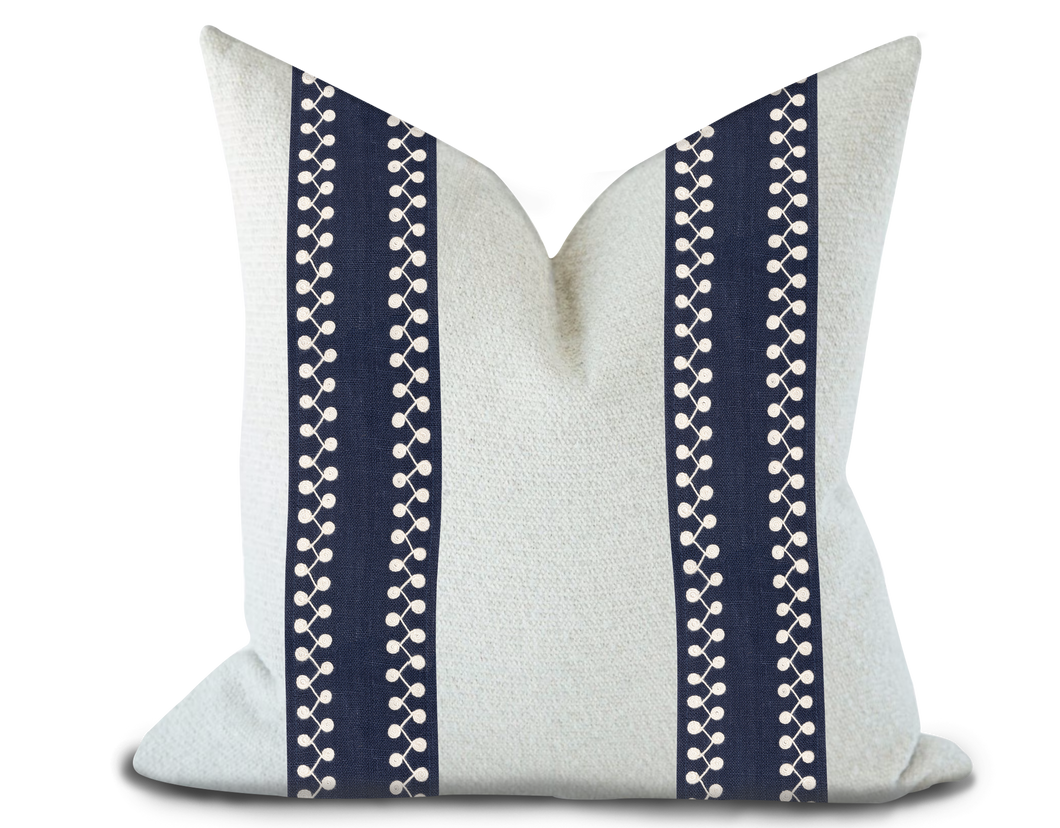 Custom Made Pillow Cover with Thibaut Perla Tape in Navy / Self-Piping