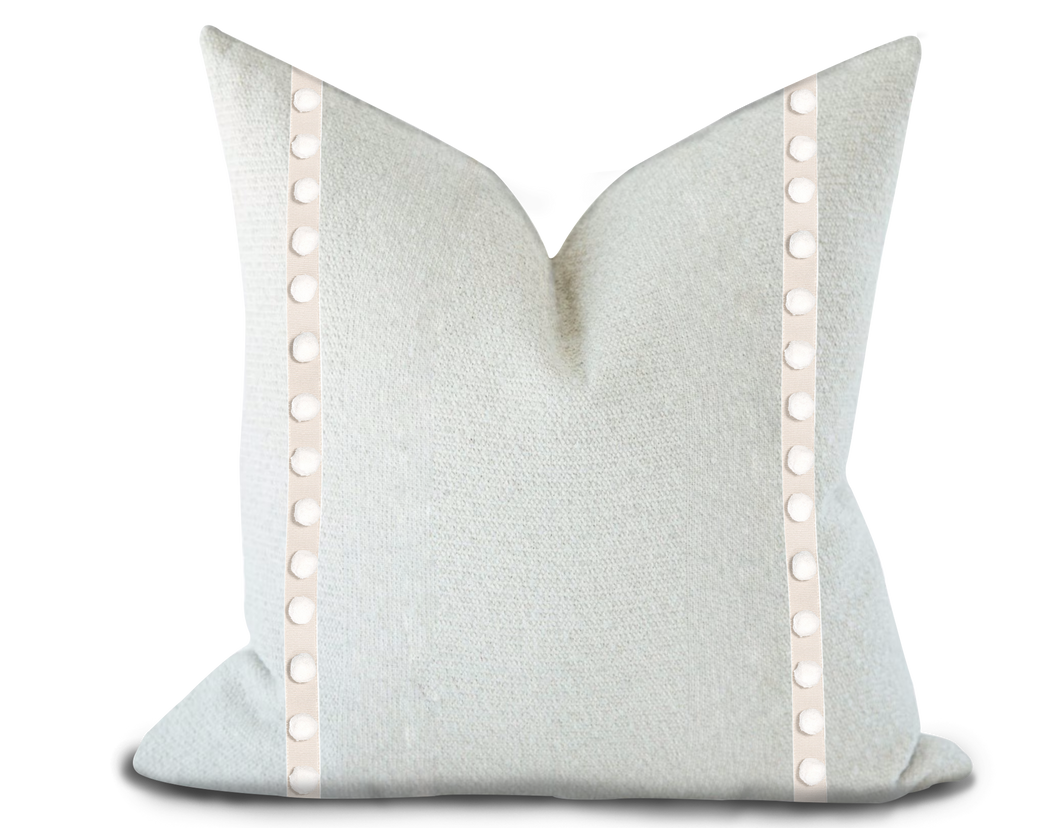 Custom Made Pillow Cover with Thibaut Pom Pom Tape in Linen / Self-Piping