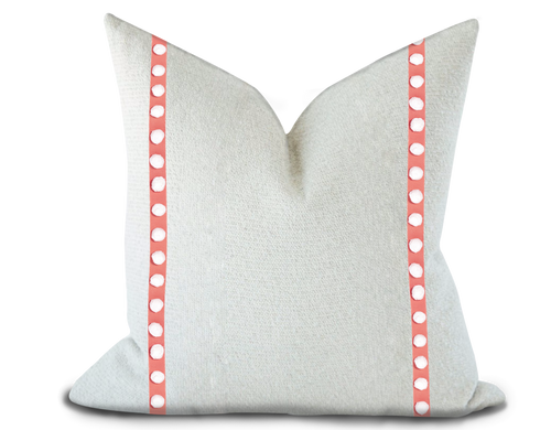 Custom Made Pillow Cover with Thibaut Pom Pom Tape in Coral / Self-Piping