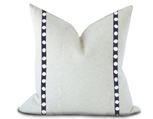 Custom Made Pillow Cover with Thibaut Pom Pom Tape in Navy / Self-Piping