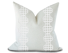 Load image into Gallery viewer, Custom Made Pillow Cover with Thibaut Fret Applique Tape in Snow White / Self-Piping