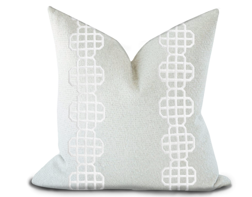 Custom Made Pillow Cover with Thibaut Fret Applique Tape in Snow White / Self-Piping