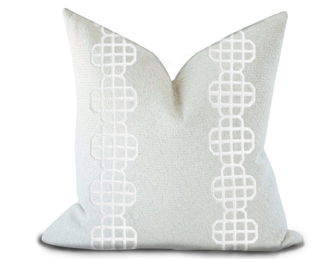 Custom Made Pillow Cover with Thibaut Fret Applique Tape in Snow White / Self-Piping